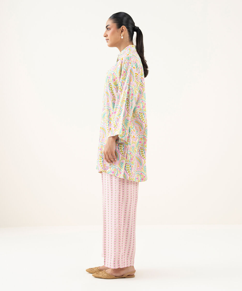 Women's RTW Linen Viscose Printed White Drop Shoulder Shirt