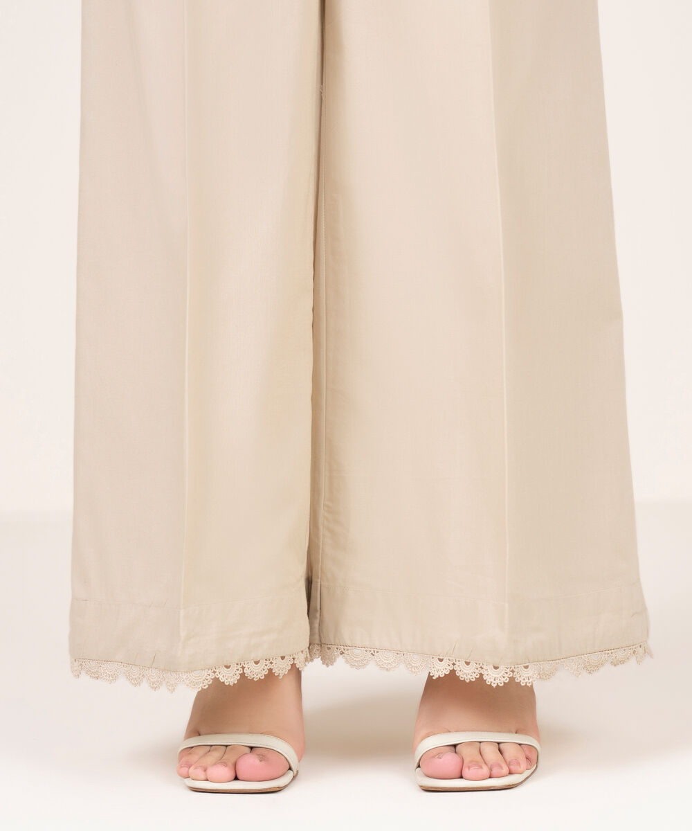 Women's RTW Viscose Linen Solid Beige Flared Pants