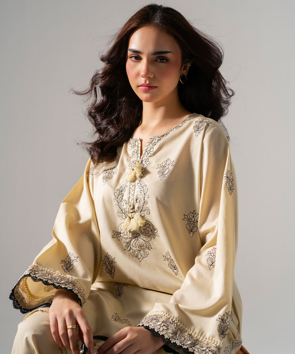 Women's RTW Dobby Solid Embroidered Off White Straight Shirt