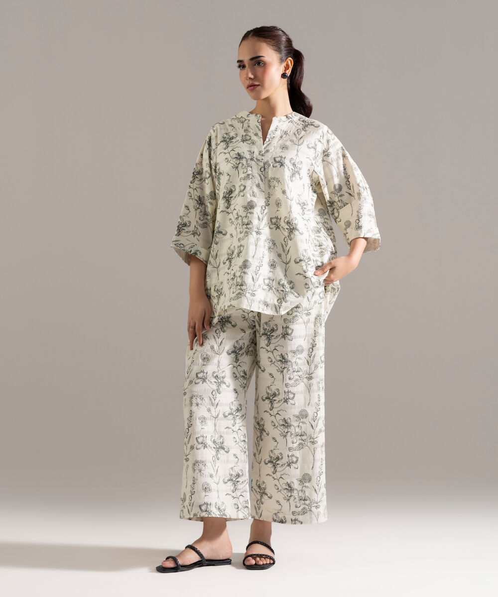 Women's RTW Seersucker Printed Cream White 2 Piece Suit