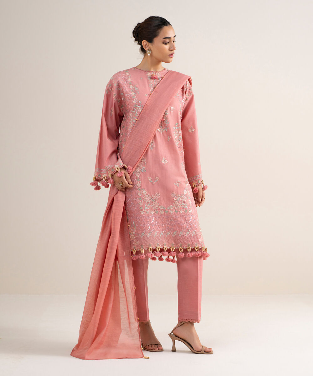 Women's Unstitched Textured Lawn Embroidered Pink 3 Piece Suit