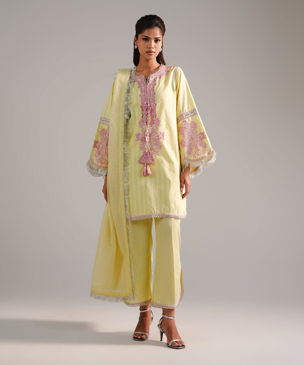 Women's RTW Leno Kara Embroidered Lime Yellow 3 Piece Suit