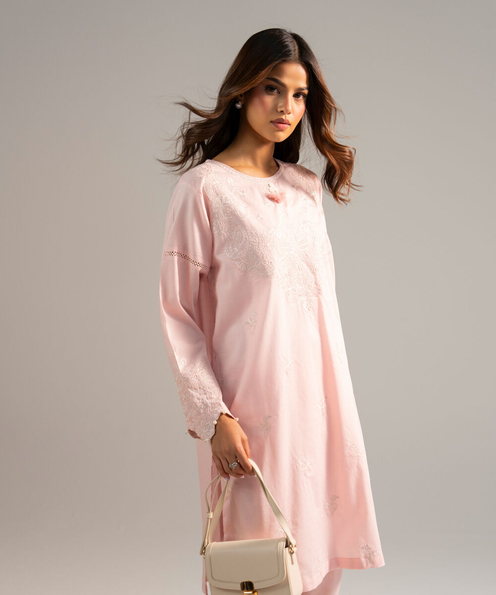 Women's RTW Dobby Embroidered Pink Straight Shirt