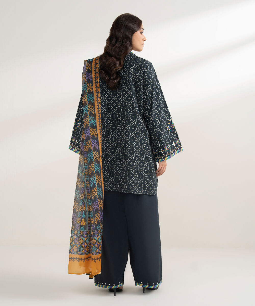 Women's Unstitched Cotton Embroidered Black 3 Piece Suit