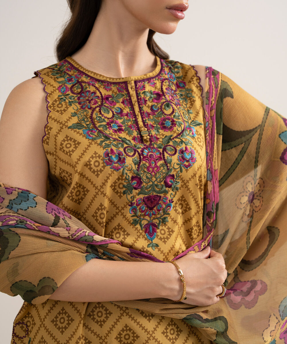 Women's Unstitched Lawn Embroidered Yellow 3 Piece Suit