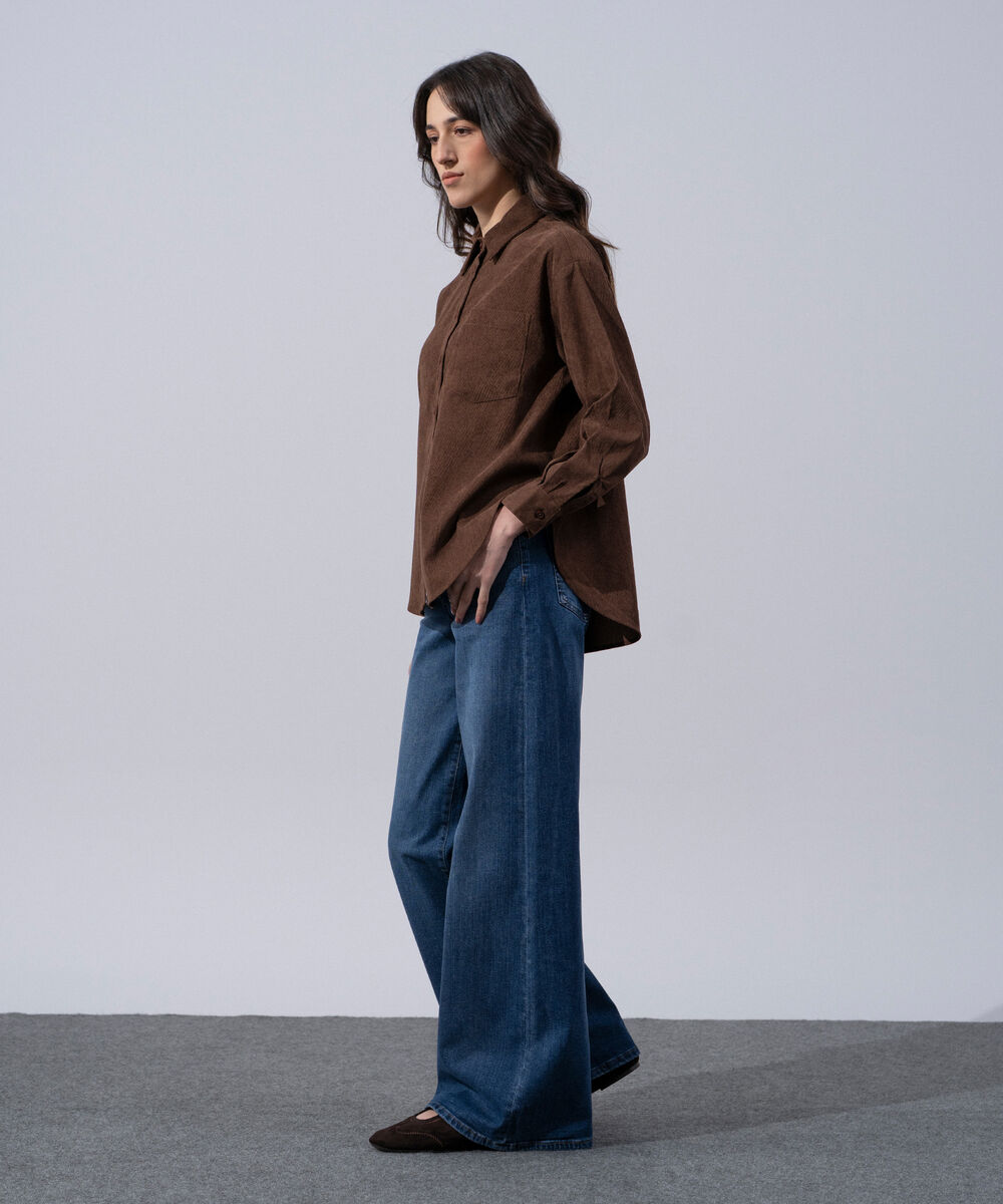 Women's Western Wear Brown Polyester Button Through Corduroy Shirt