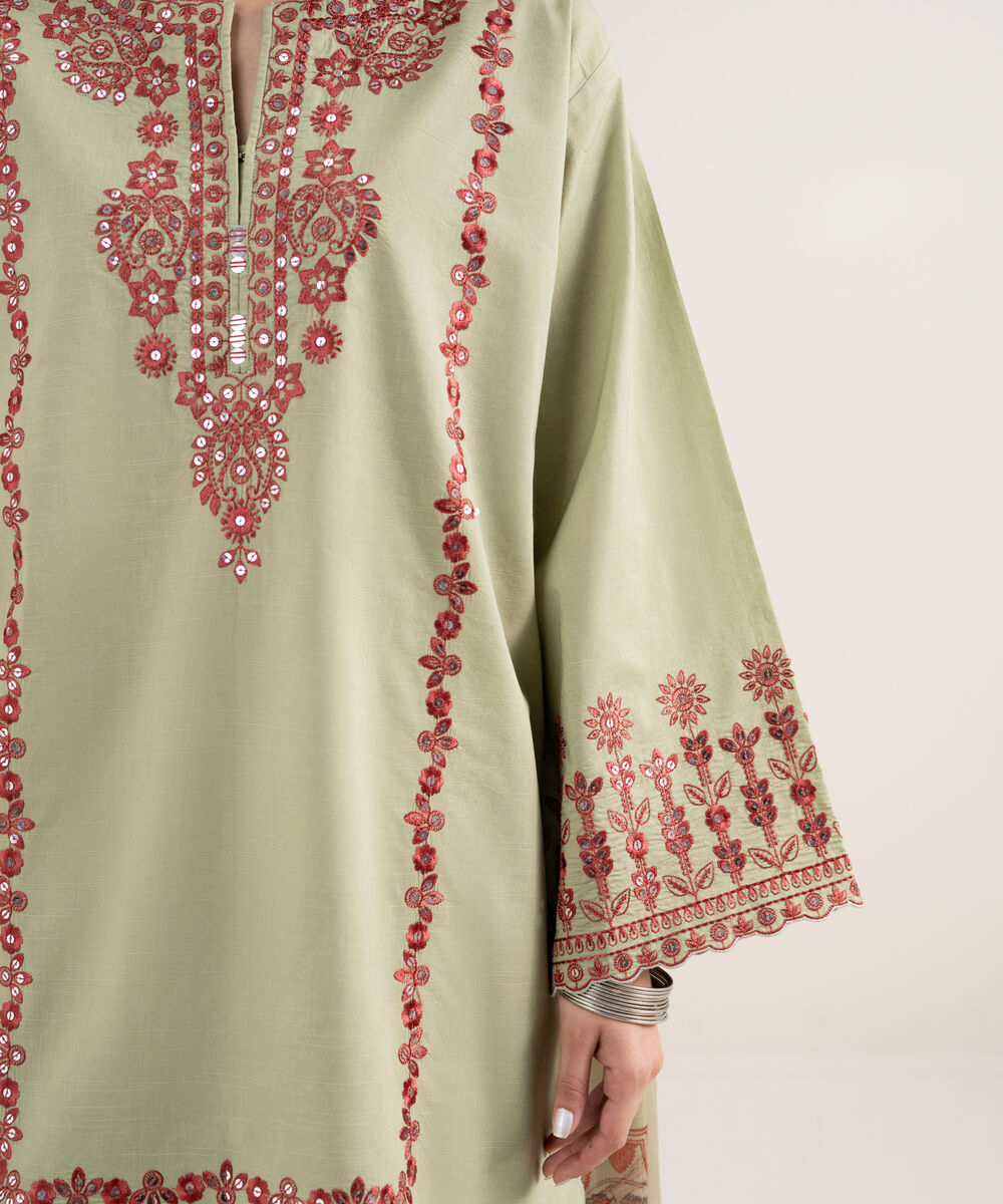 Women's Unstitched Textured Lawn Embroidered Green 3 Piece Suit