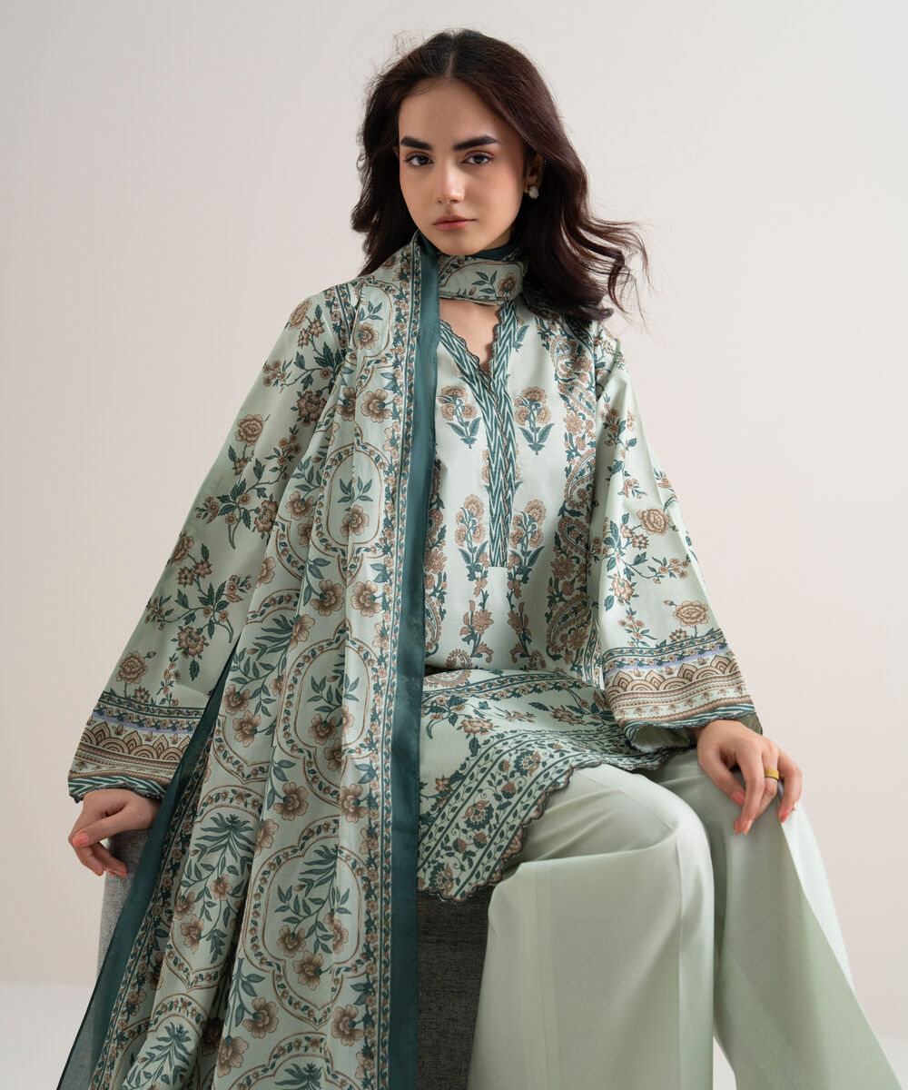 Women's Unstitched Lawn Printed Green 3 Piece Suit