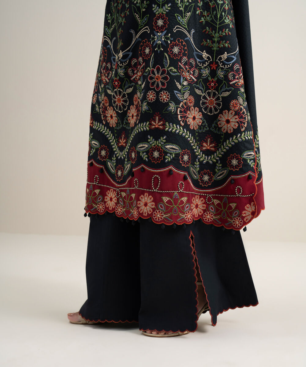 Women's Unstitched Dobby Embroidered Black 3 Piece Suit