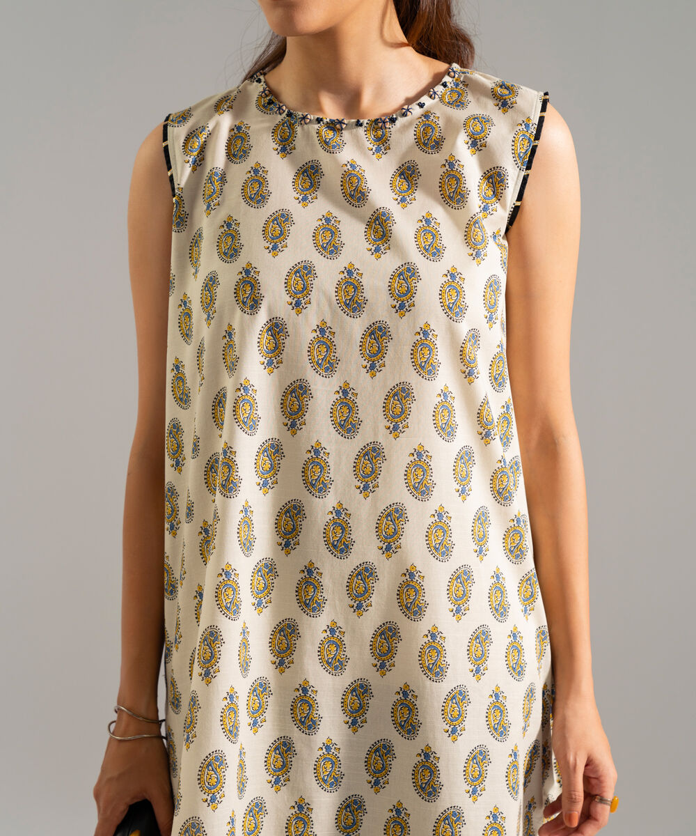 Women's RTW Slub Lawn Printed Beige Straight Shirt