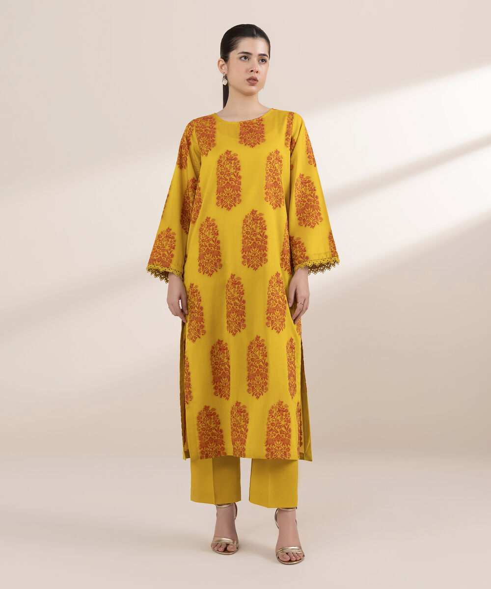 Women's RTW Extra Weft Jacquard Yellow Solid A-Line Shirt