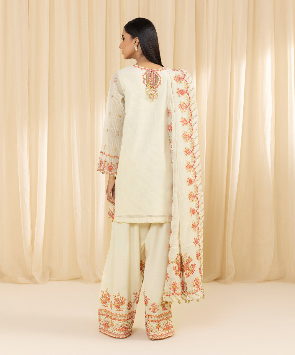 Women's Unstitched Embroidered Blended Textured Karandi Off White 3 Piece Suit
