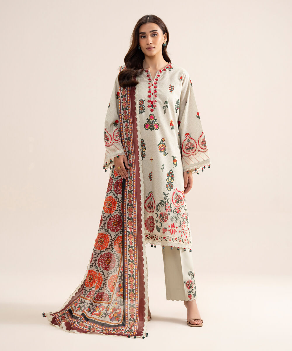 Women's Unstitched Lawn Embroidered Off White  3 Piece Suit