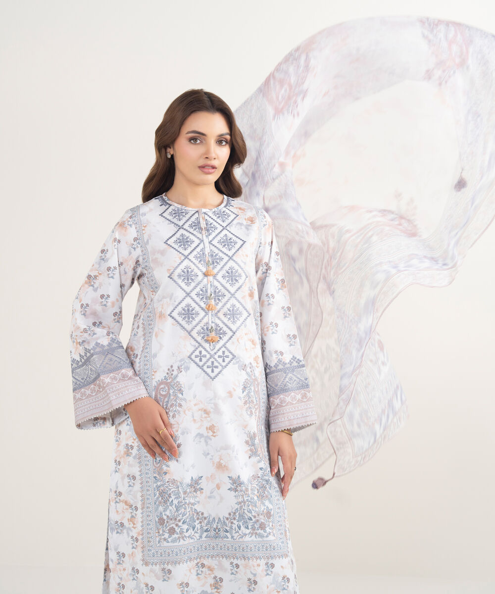 Women's Unstitched Lawn Embroidered Grey 3 Piece Suit