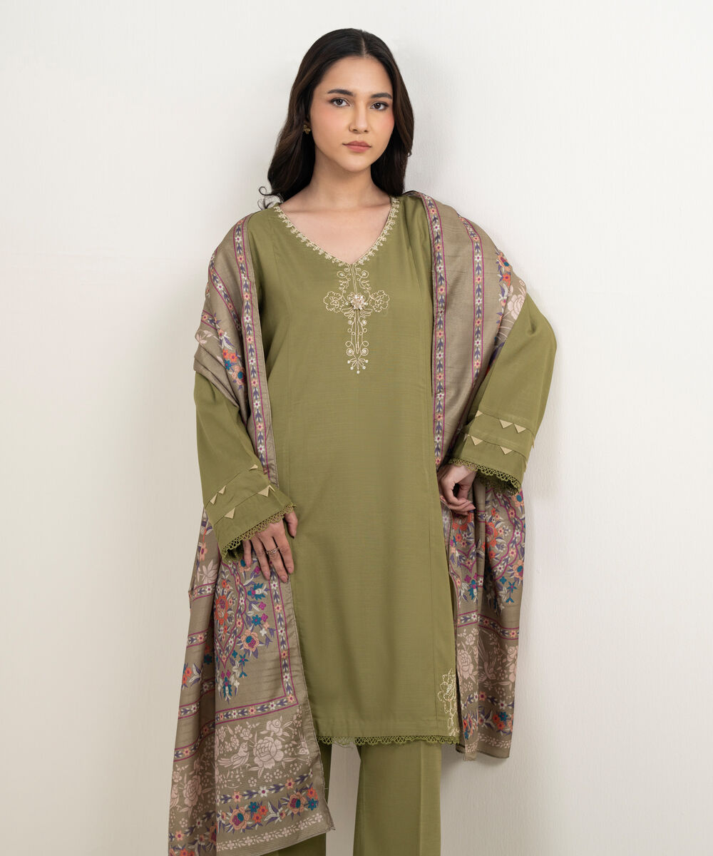 Women's RTW Cotton Viscose Embroidered Green 3 Piece Suit