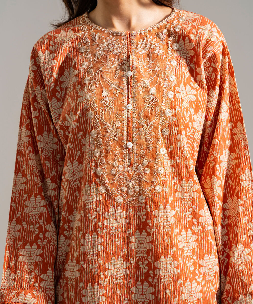 Women's RTW Seersucker Embroidered Orange 2 Piece Suit