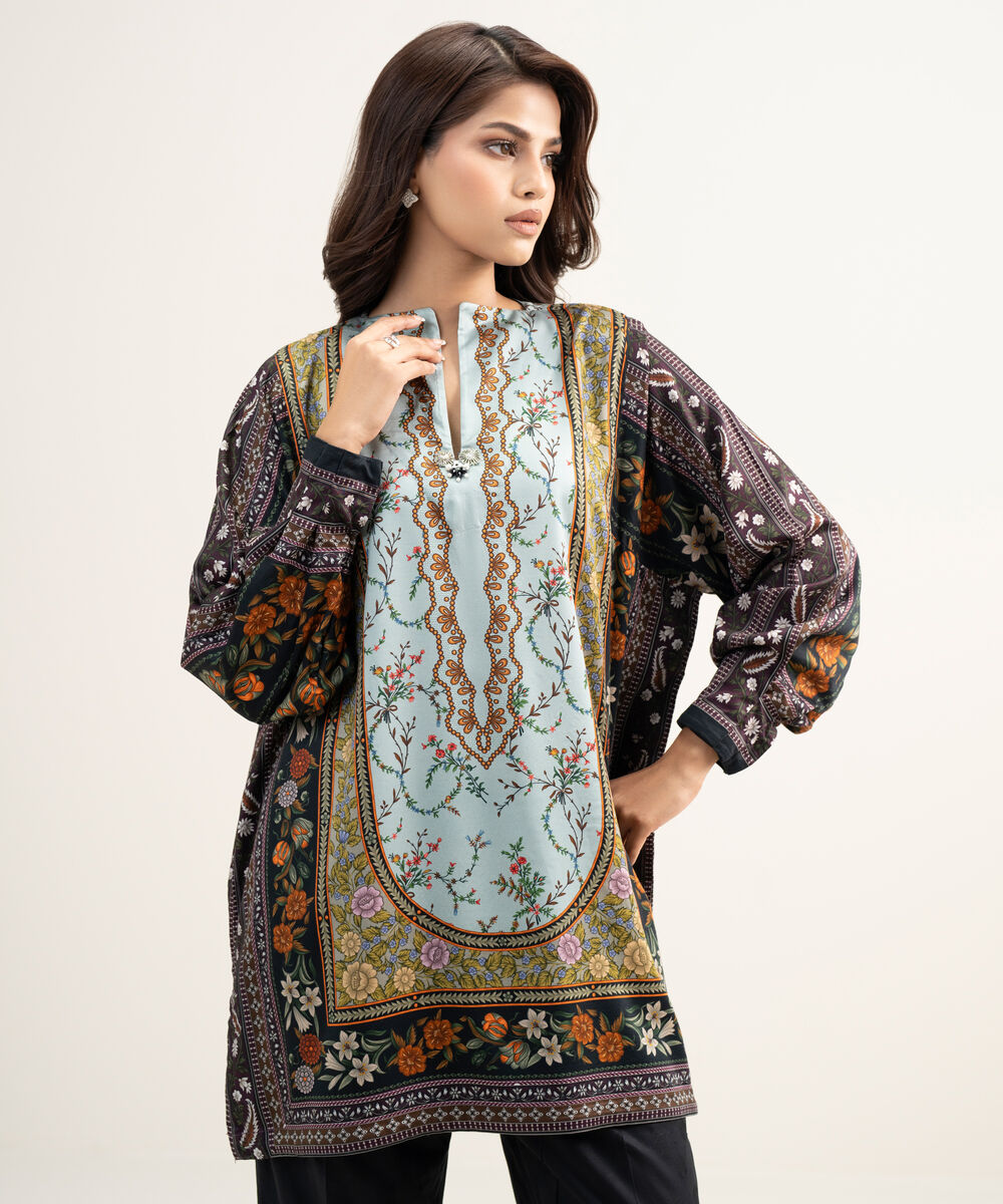 Women's RTW Premium Visocose Satin Printed Dark Blue Drop Shoulder Shirt