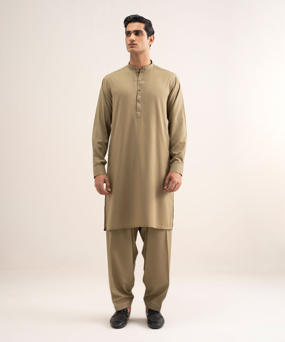 Men'S Stitched Olive Premium Wash And  Wear Suit
