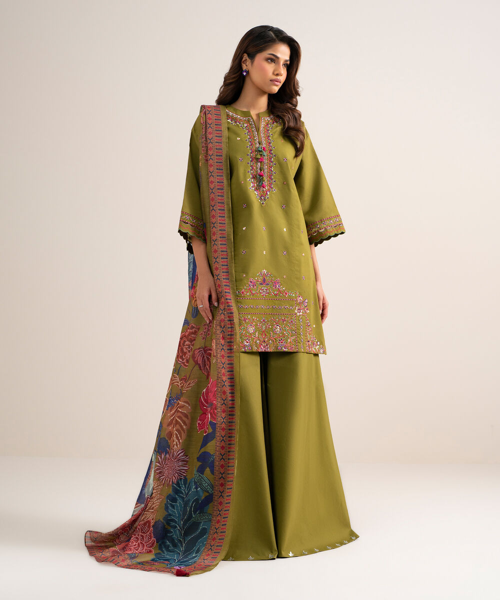 Women's Unstitched Fine Cotton Satin Embroidered Green