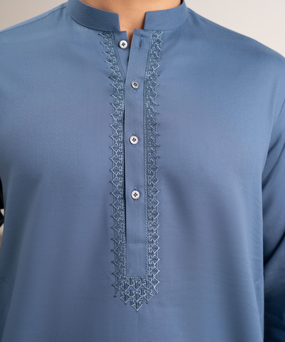 Men'S Stitched Blue Cotton Jacquard Kurta