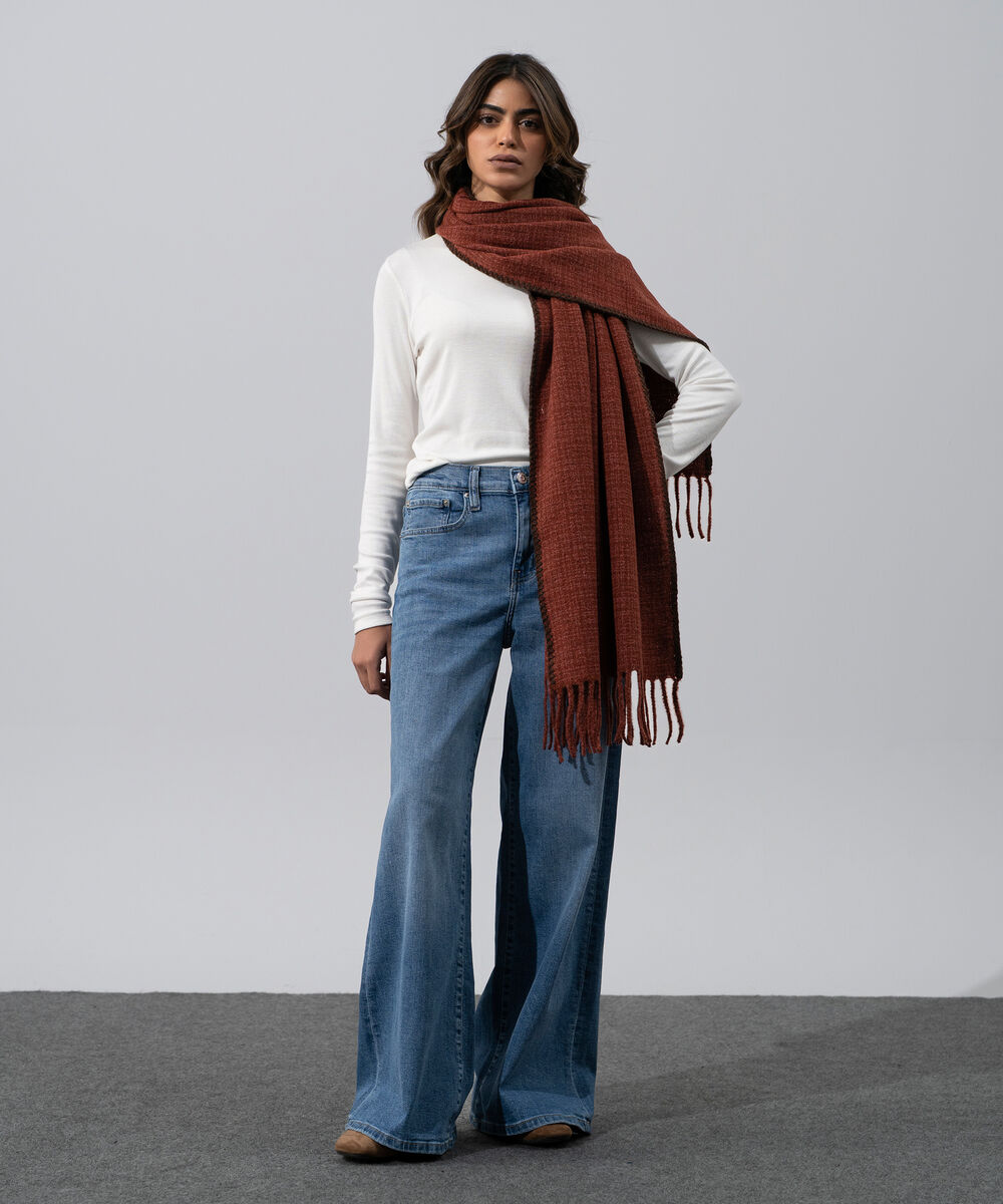 Women's Western Wear Rust Polyester Textured Woolen Scarf