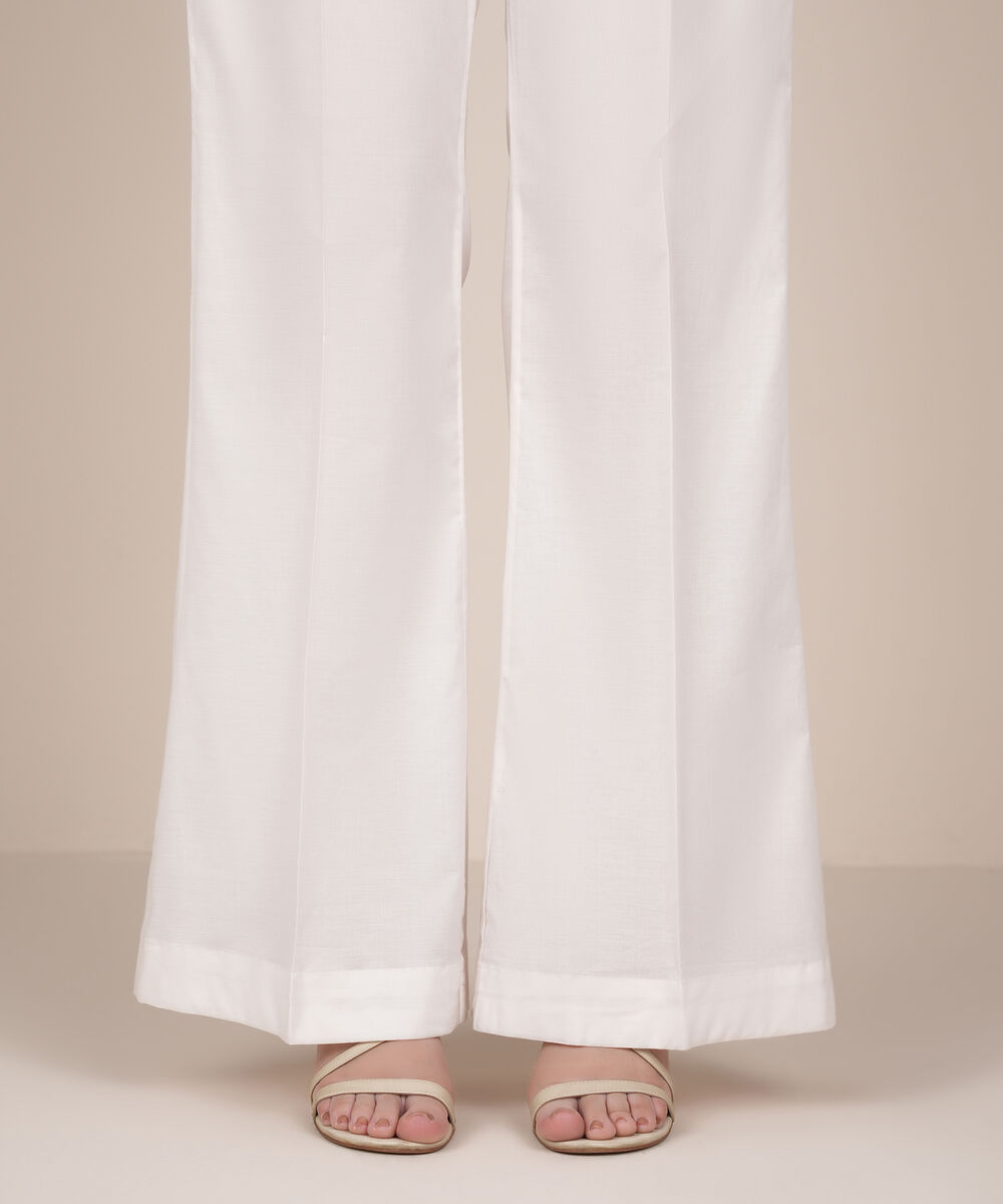 Women's RTW Lycra White Solid Flared Pants