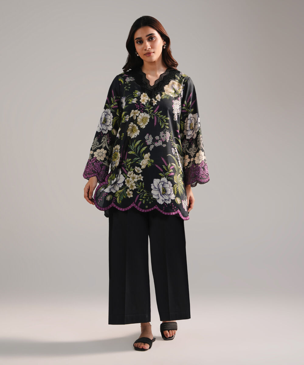 Women's RTW Lawn Embroidered Black Straight Shirt