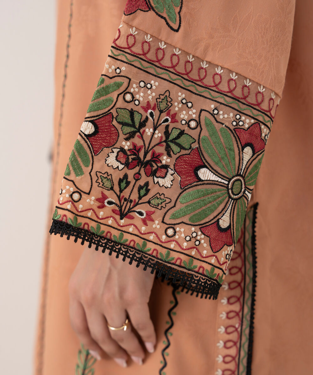 Women's RTW Cotton Jacquard Embroidered Pink Straight Shirt