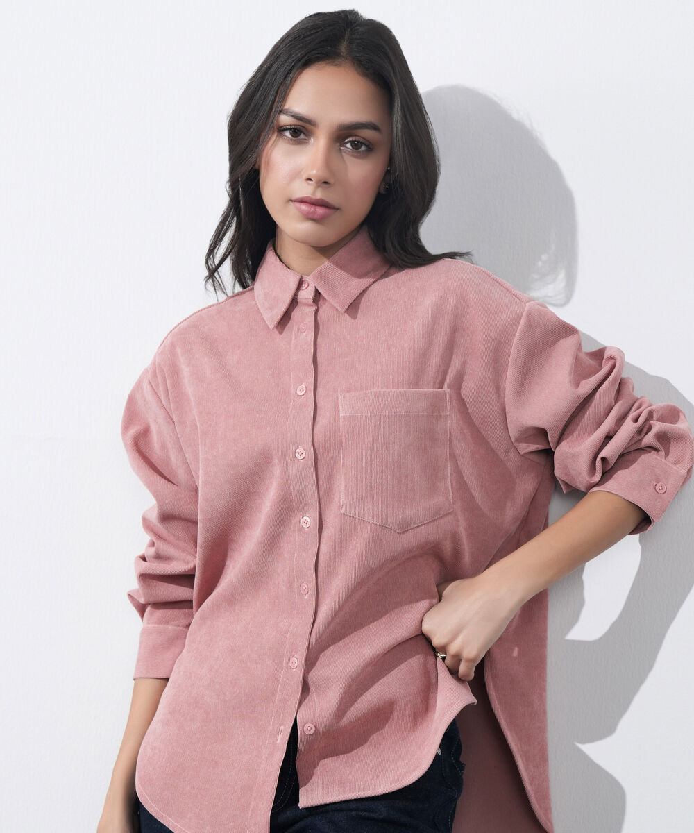 Women's Western Wear Pink Button Through Corduroy Shirt