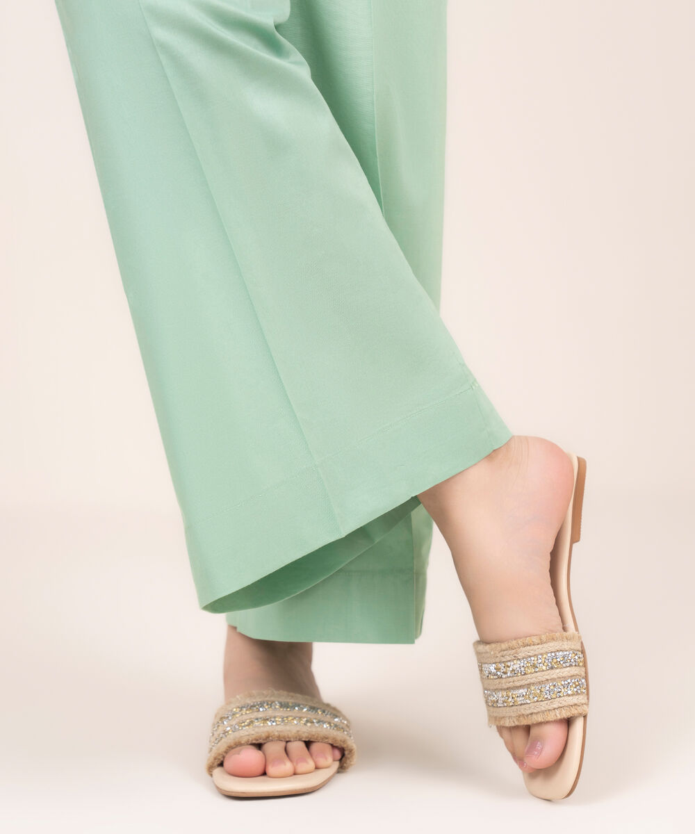 Women's RTW Cambric Green Solid Straight Pants