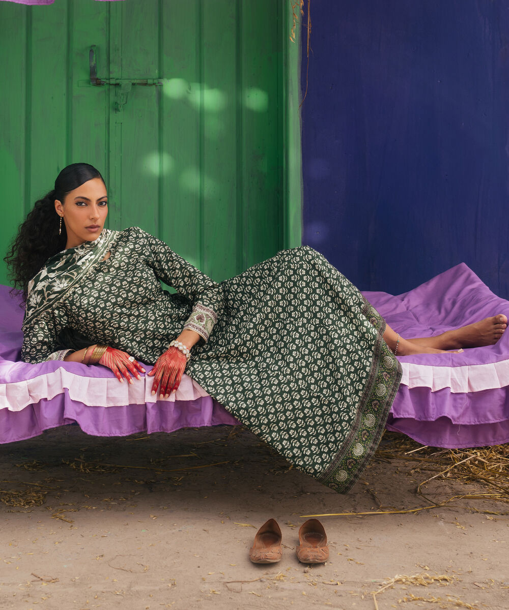 Women's RTW Textured Lawn Printed Dark Green 2 Piece Suit