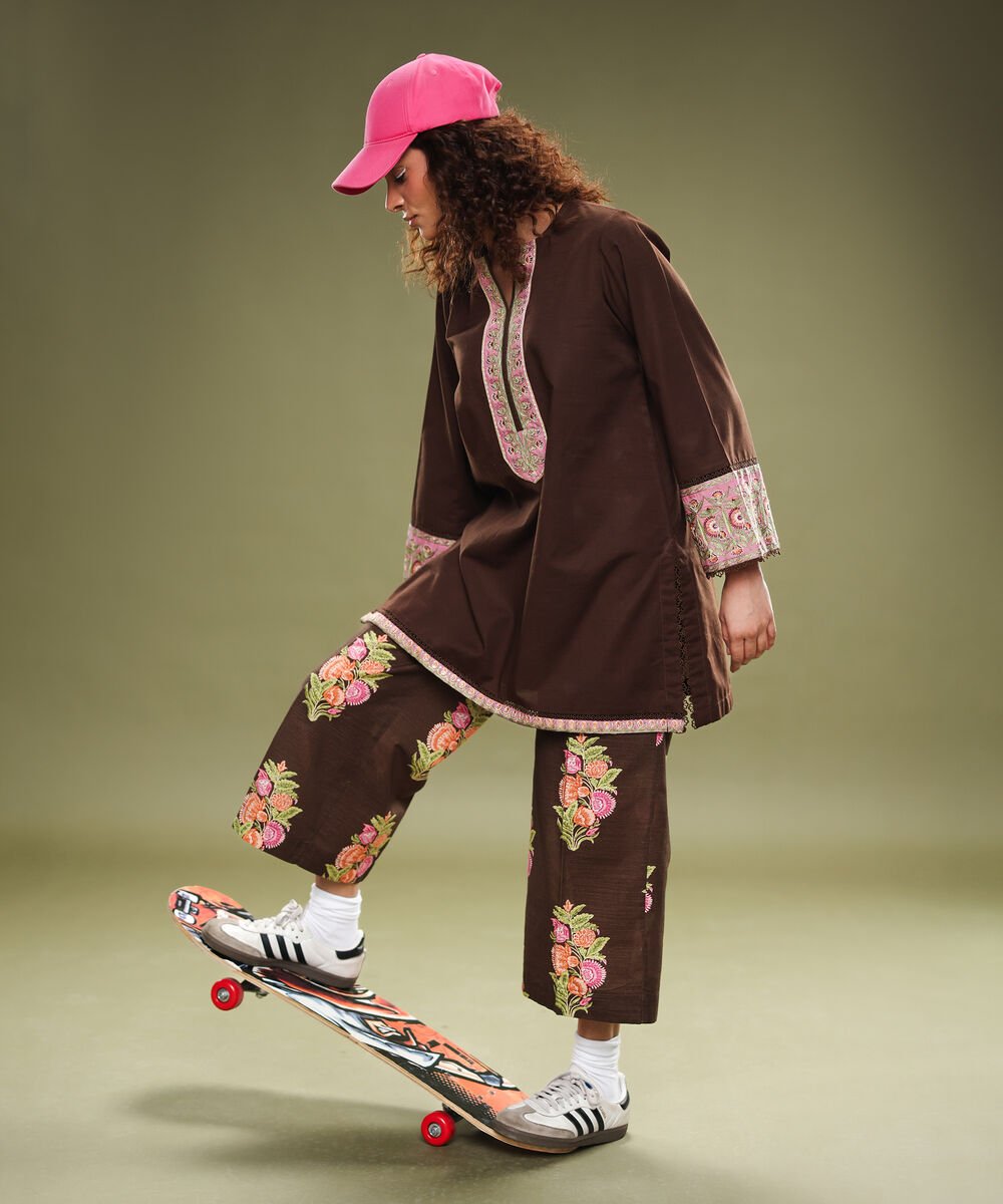 Women's RTW Cambric Printed Brown Flared Pants