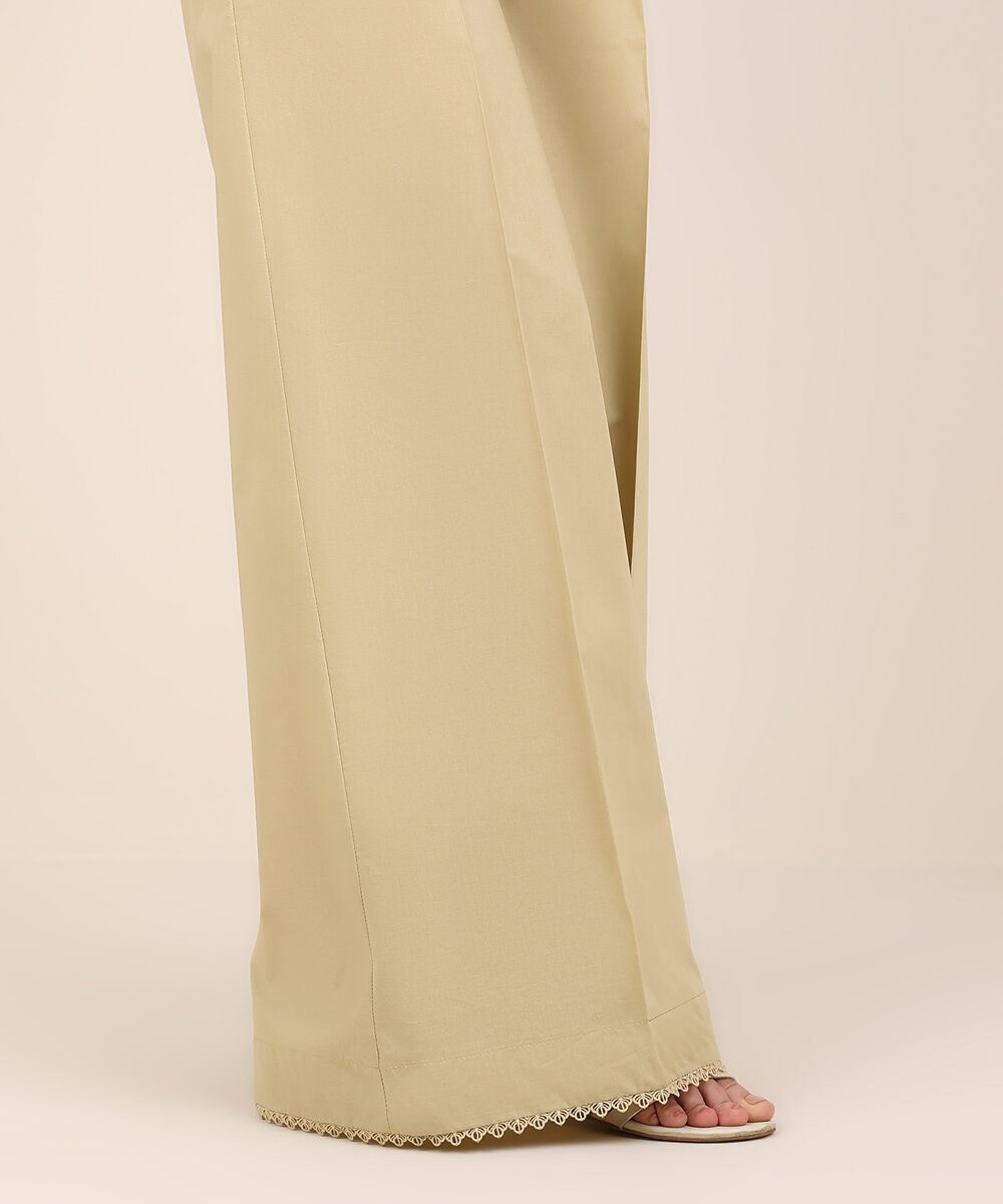 Women's RTW Cambric Beige Solid Flared Pants