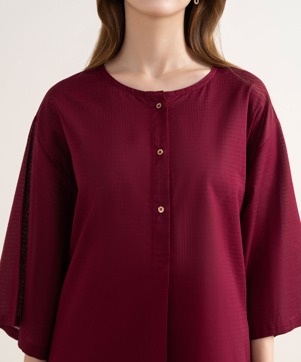 Women's RTW Textured Cotton Solid Boxy Red Shirt