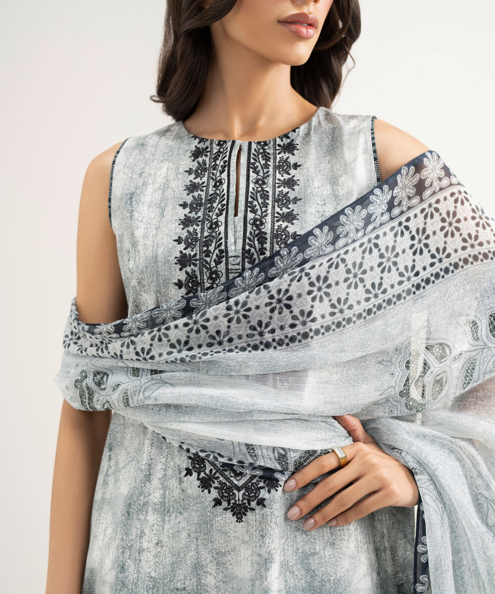 Women's Unstitched Lawn Embroidered Grey 3 Piece Suit