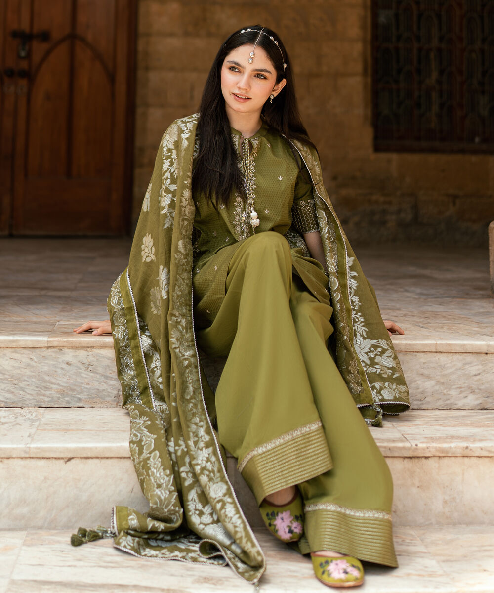 Women's Unstitched Dobby Embroidered Green 3 Piece Suit