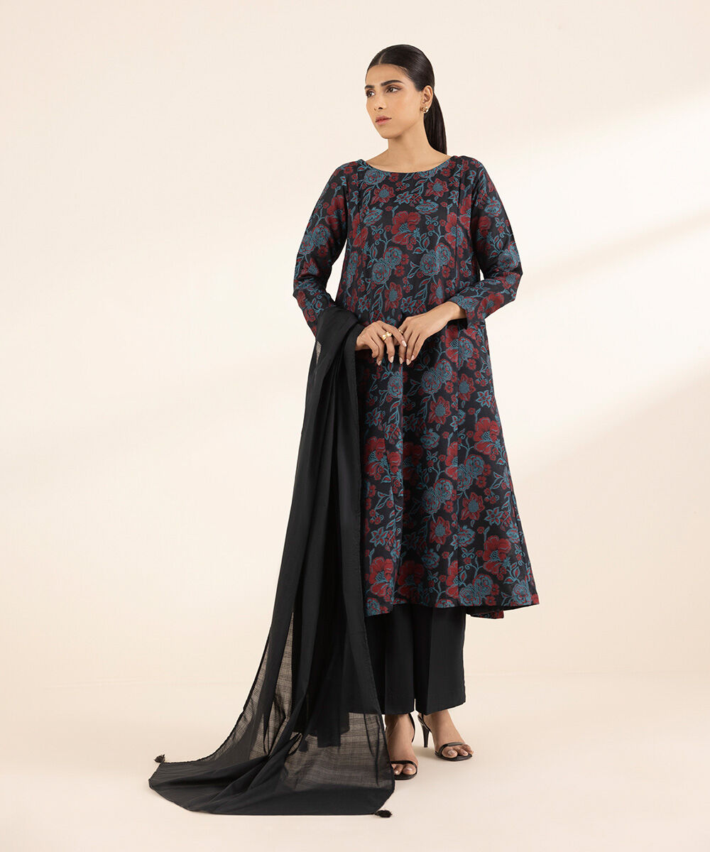 Women's RTW Extra Weft Jacquard Black Solid A-Line Shirt