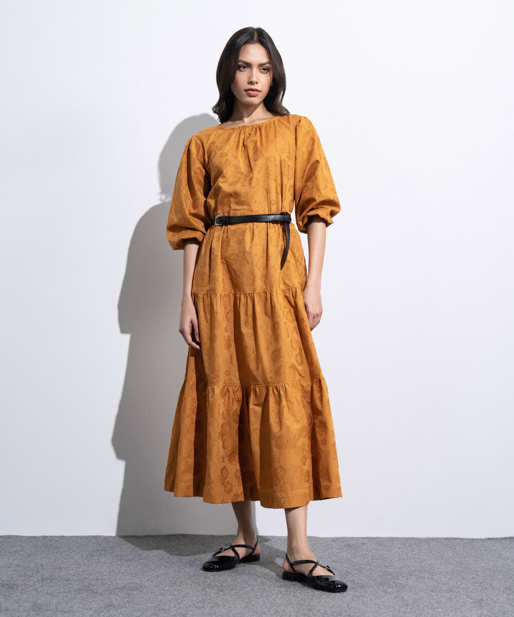 Women's Western Mustard Tier Dress With Puffed Sleeve