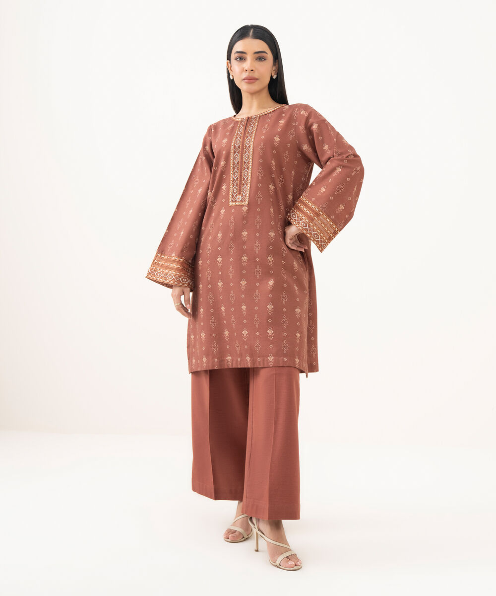 Women's RTW Light Khaddar Embroidered Brown Straight Shirt