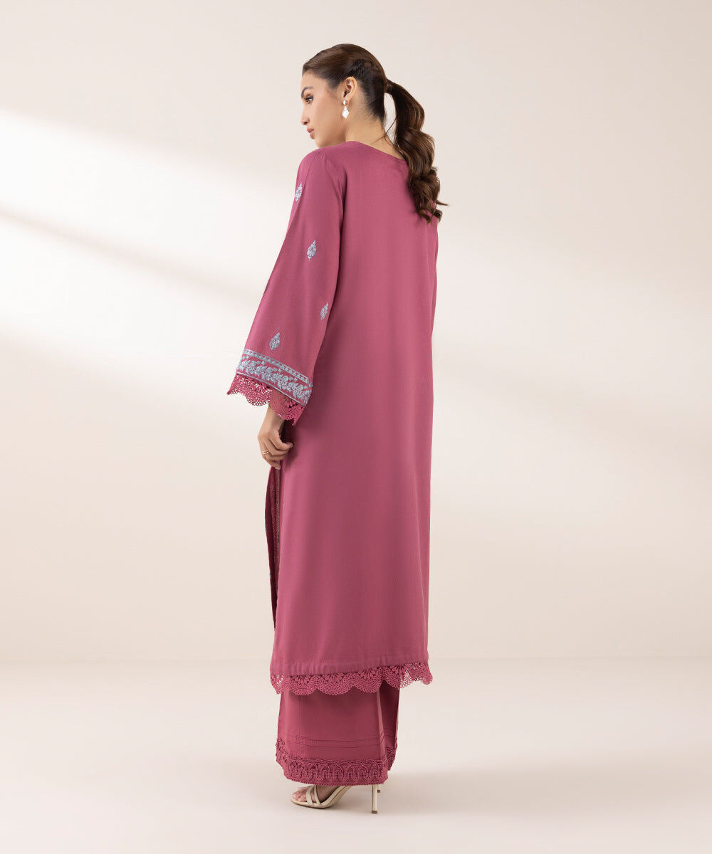 Woman - Pink Embroidered Cotton Karandi Shirt