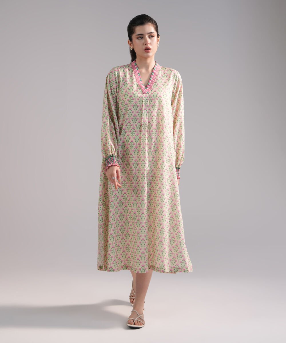 Women's RTW Slub Lawn Printed Pale Yellow Dress Shirt