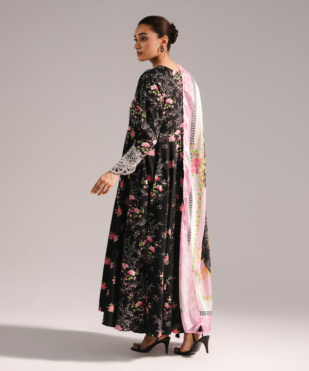Women's RTW Cotton Satin Embroidered Black 3 Piece Suit