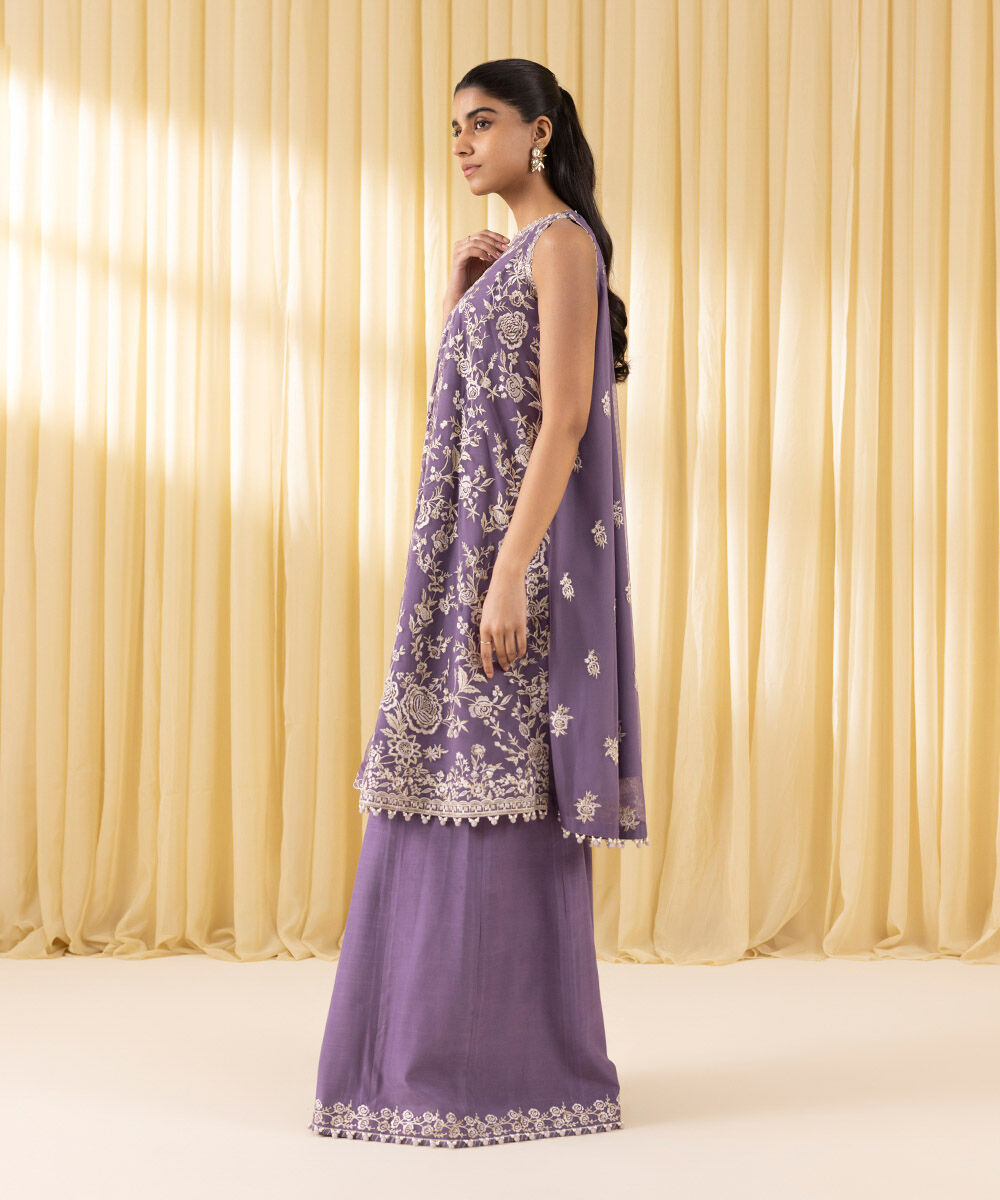 Unstitched Women's Purple Net Embroidered 3 Piece Suit