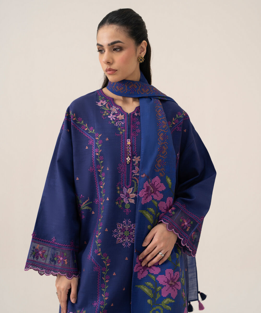 Women's Unstitched Lawn Embroidered Blue 3 Piece Suit