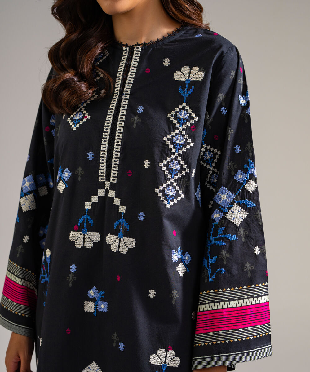 Women's RTW Lawn Embroidered Black Straight Shirt