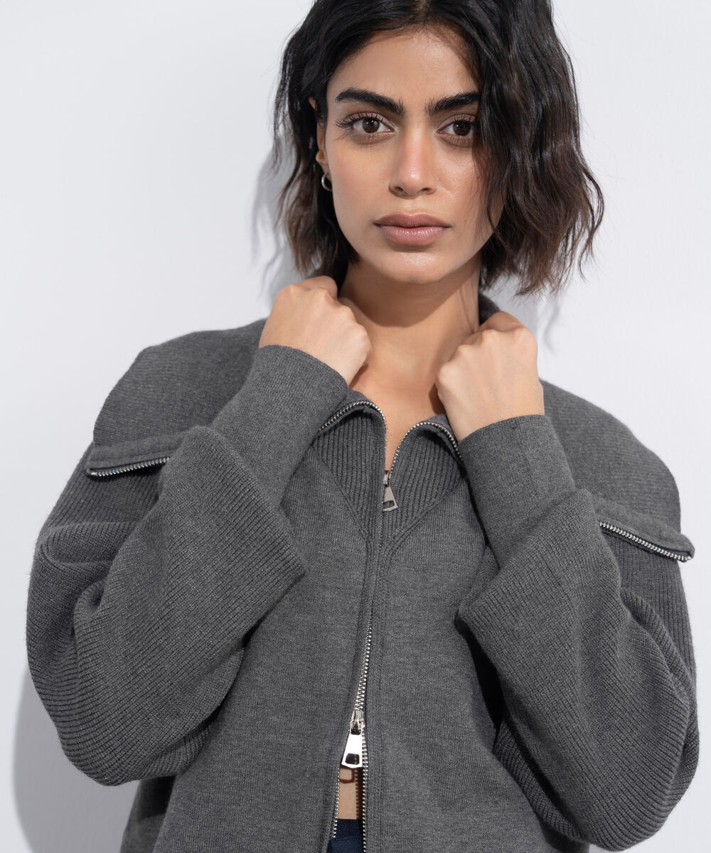 Women's Western Wear Grey Zip-Up Knit Sweater