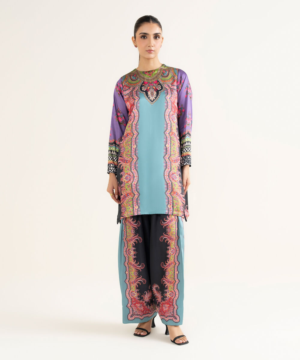 Women's RTW Blended Satin Printed Turqouise 2 Piece Suit