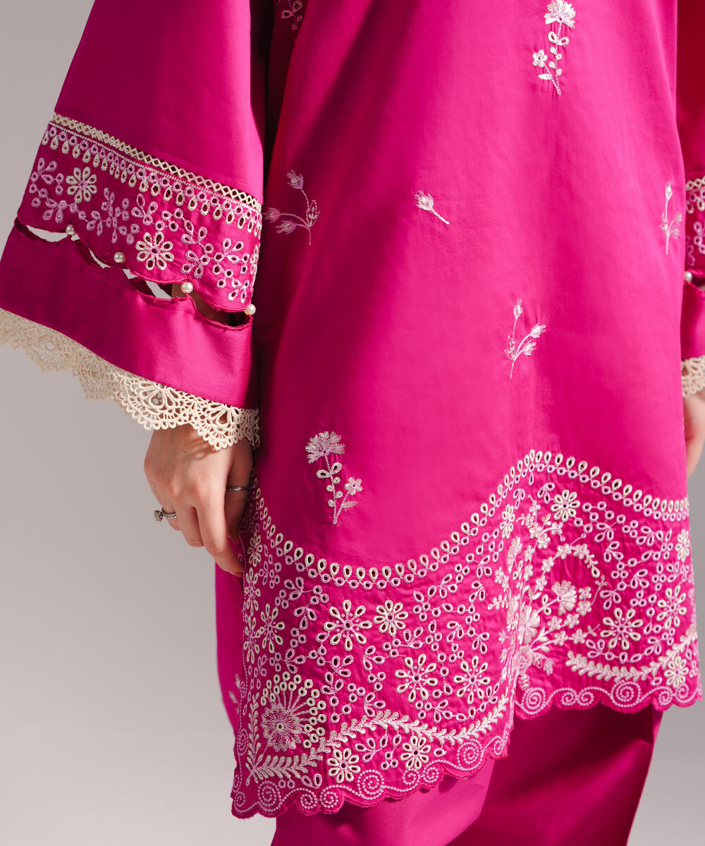 Women's RTW Cotton Satin Embroidered Straight Pink Shirt
