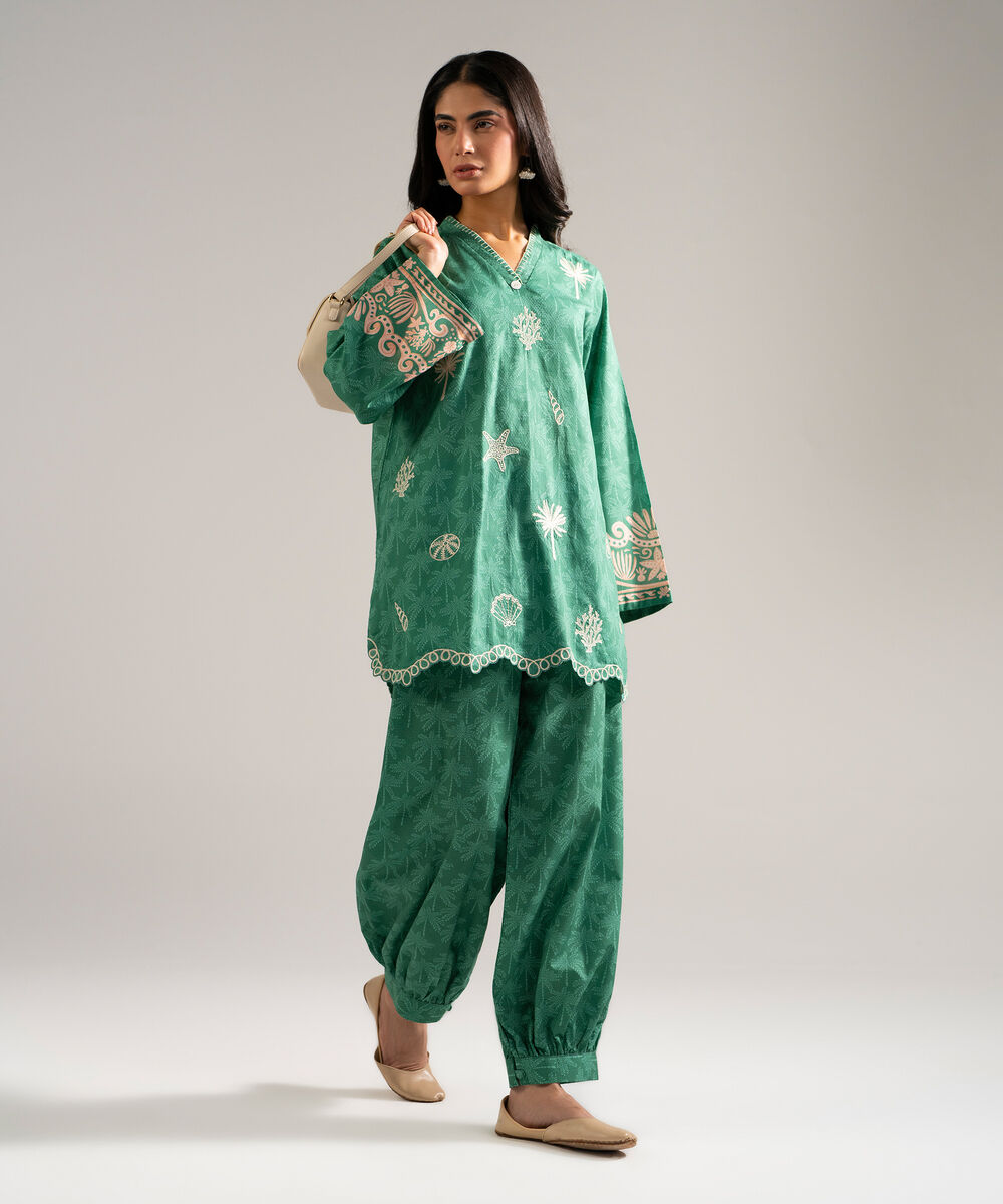 Women's RTW Dobby Embroidered Green Straight Shirt
