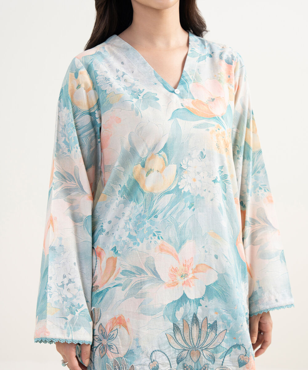 Women's RTW Lawn Embroidered Blue Straight Shirt